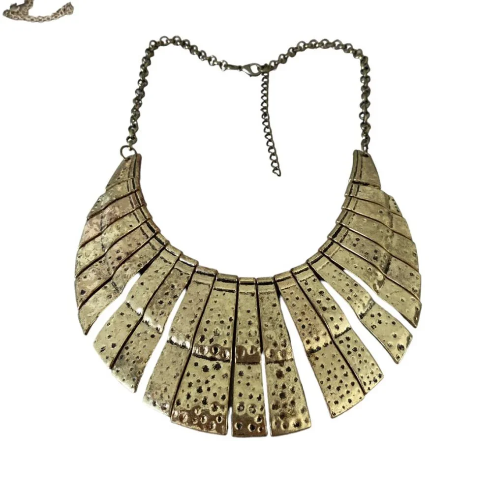 gold collar statement bib necklace textured metal